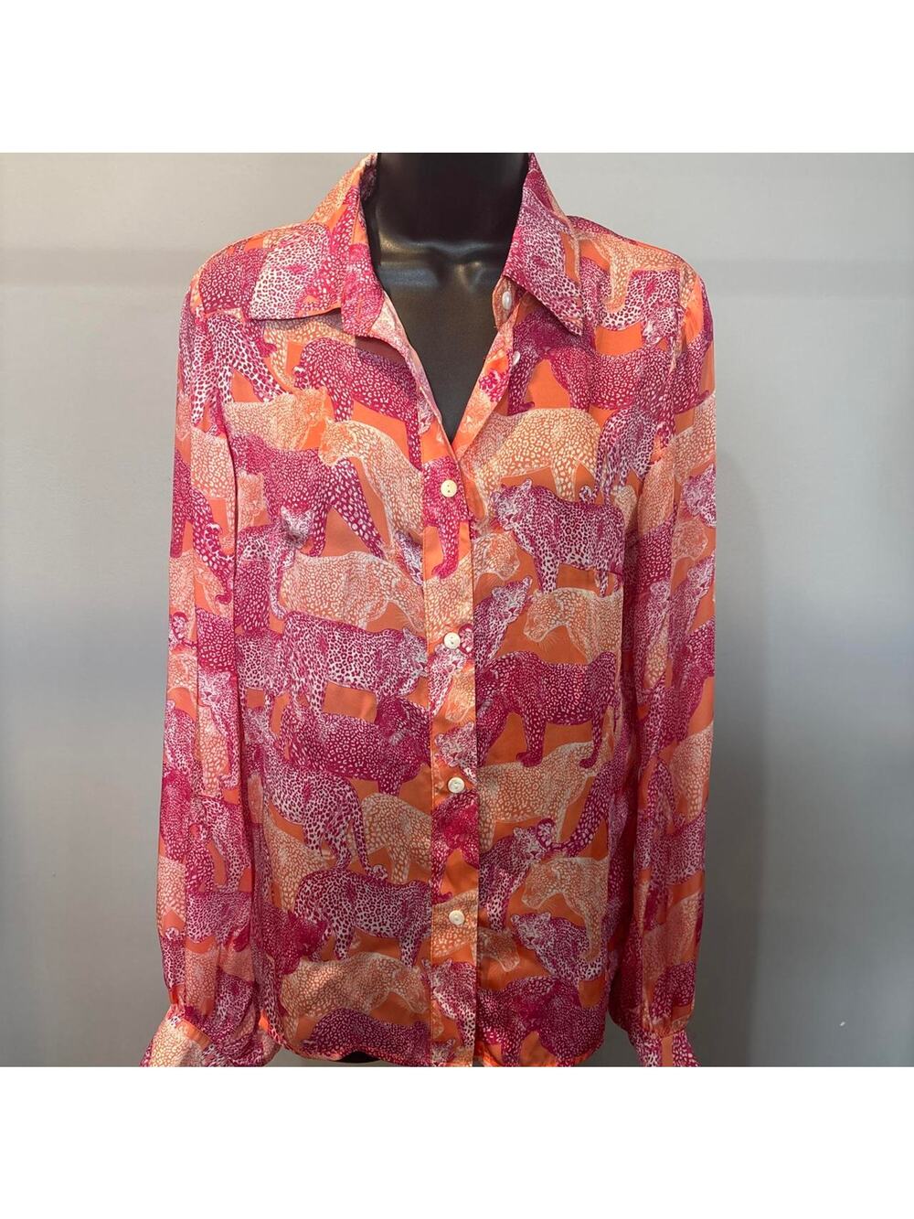 Molly Bracken Pink and Orange Leopard Sheer Long Sleeve Button Up